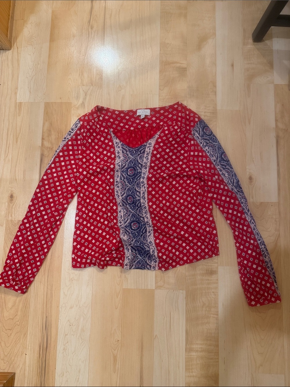 Lucky Brand Red Long Sleeve Top with Blue Patterned Panels